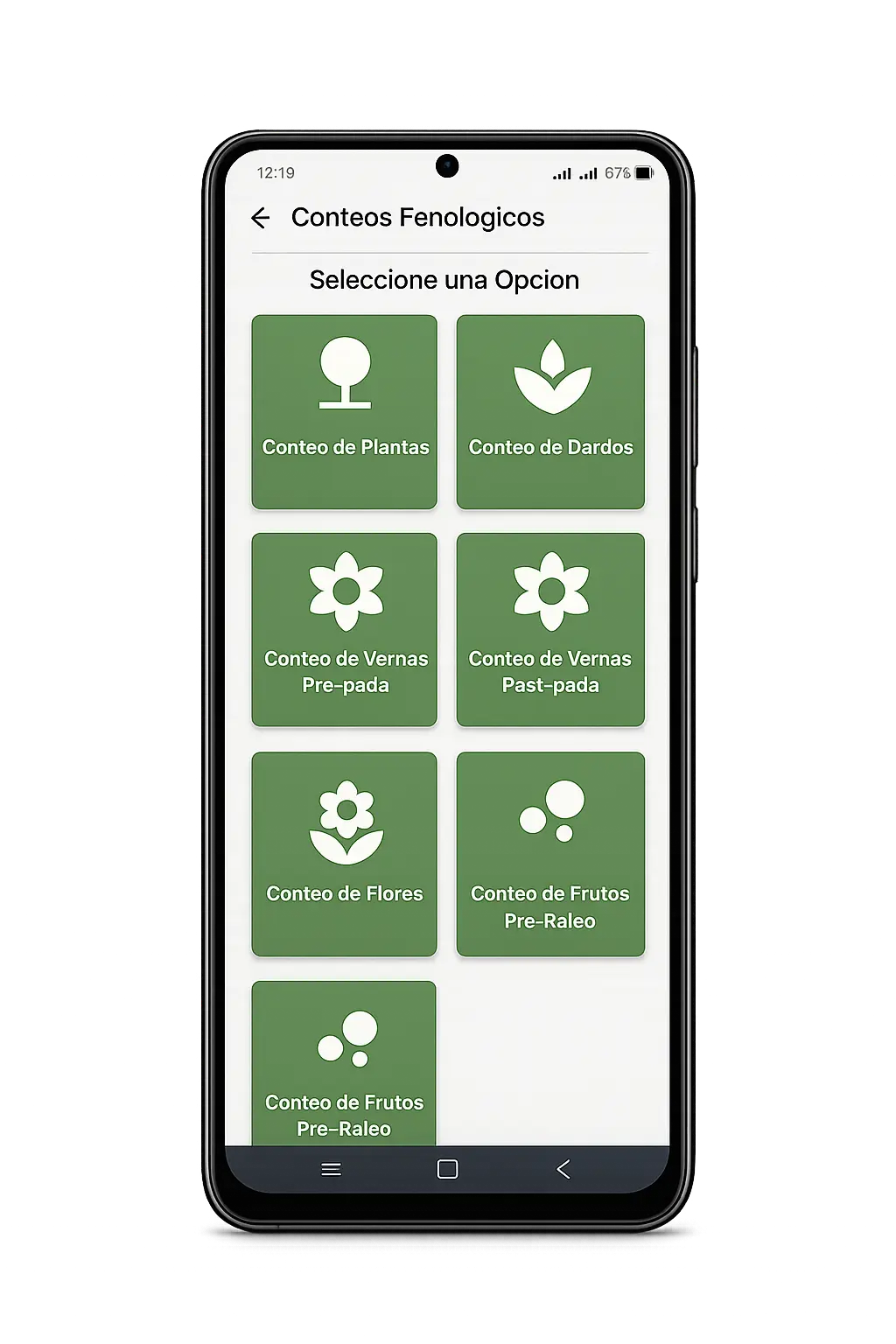 Pantalla móvil de CD Campo: Conteos fenológicos con opciones de conteo de plantas, dardos, yemas, flores y frutos